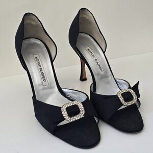 Manolo Blahnik Black Satin Crystal Jeweled Peep Toe D'Orsay Pumps